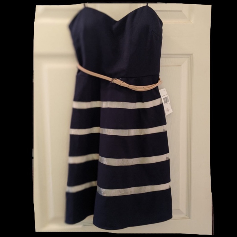 Strapless Navy Blue and Gold Striped Dress (belt)